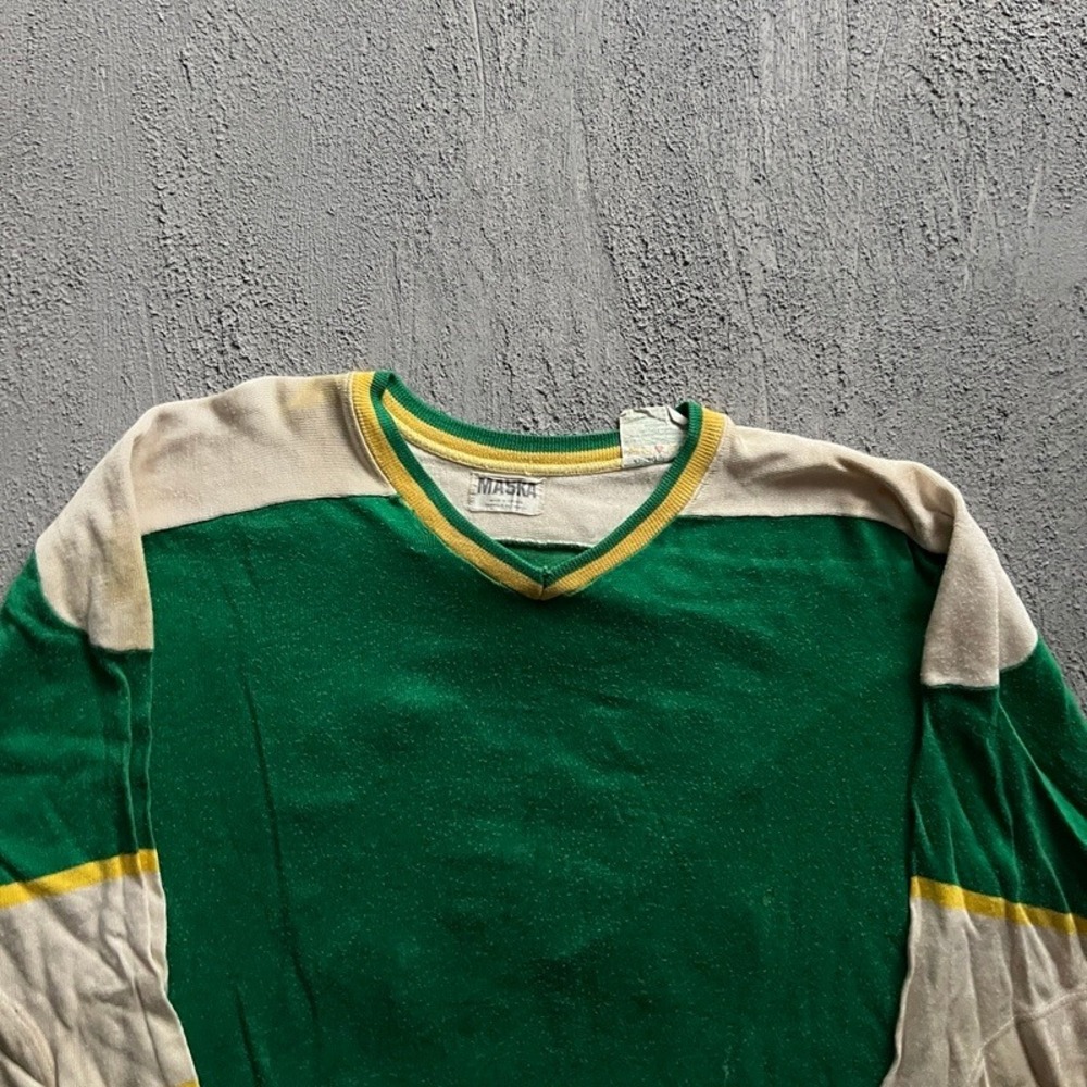 Vintage Maska Hockey Jersey Medium Green 1970s V-Neck Striped Canada
